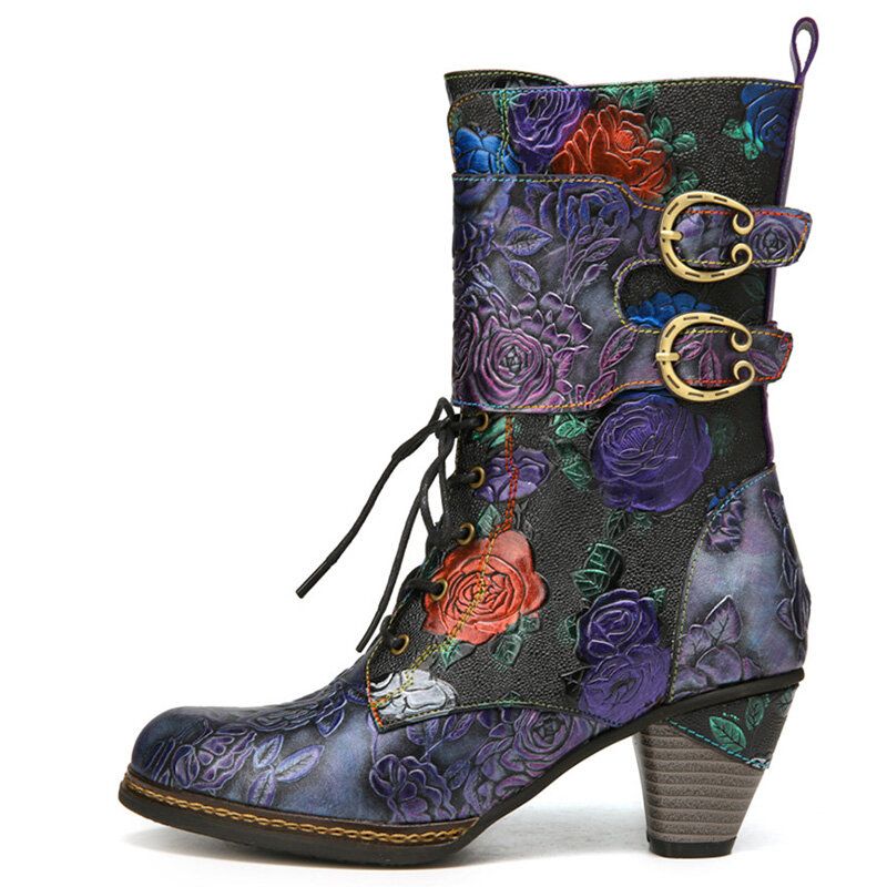 Vintage-blumenprägung Aus Echtem Leder Warmes Futter Lässige Stiefel Mit Klobigem Absatz