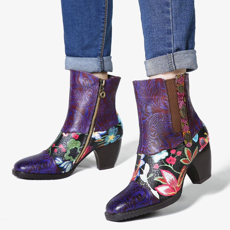 Warme Gefütterte Damen-chelsea-stiefel Mit Blumenmuster Runder Zehenpartie Und Reißverschluss