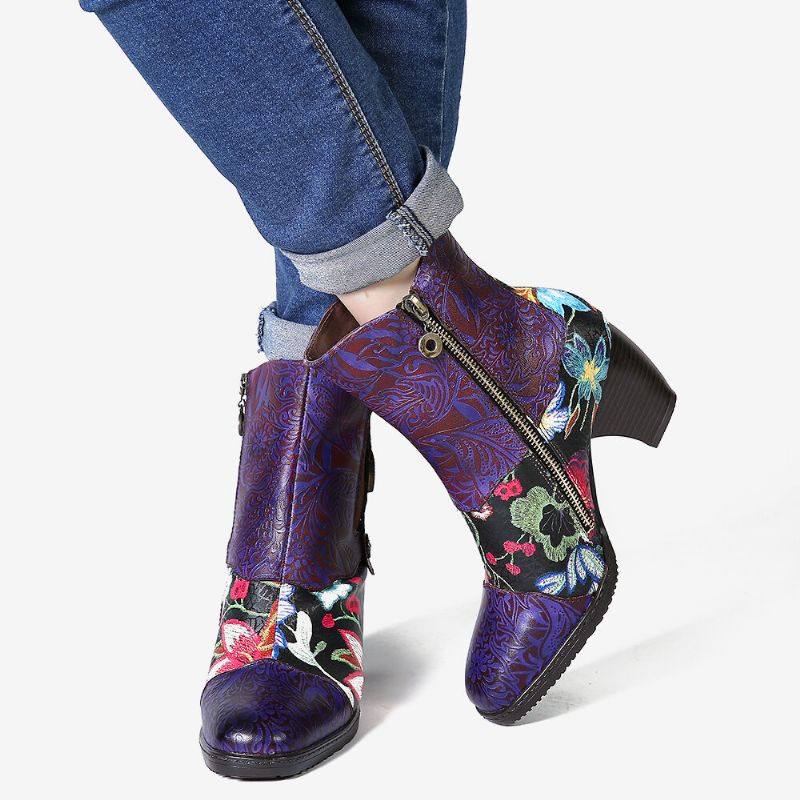 Warme Gefütterte Damen-chelsea-stiefel Mit Blumenmuster Runder Zehenpartie Und Reißverschluss