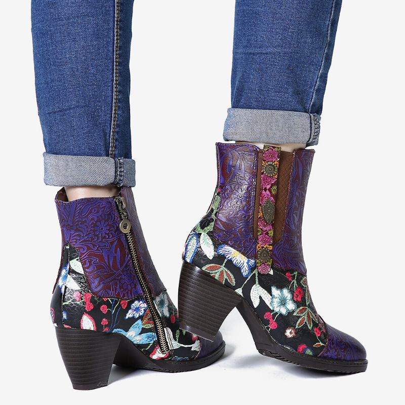 Warme Gefütterte Damen-chelsea-stiefel Mit Blumenmuster Runder Zehenpartie Und Reißverschluss