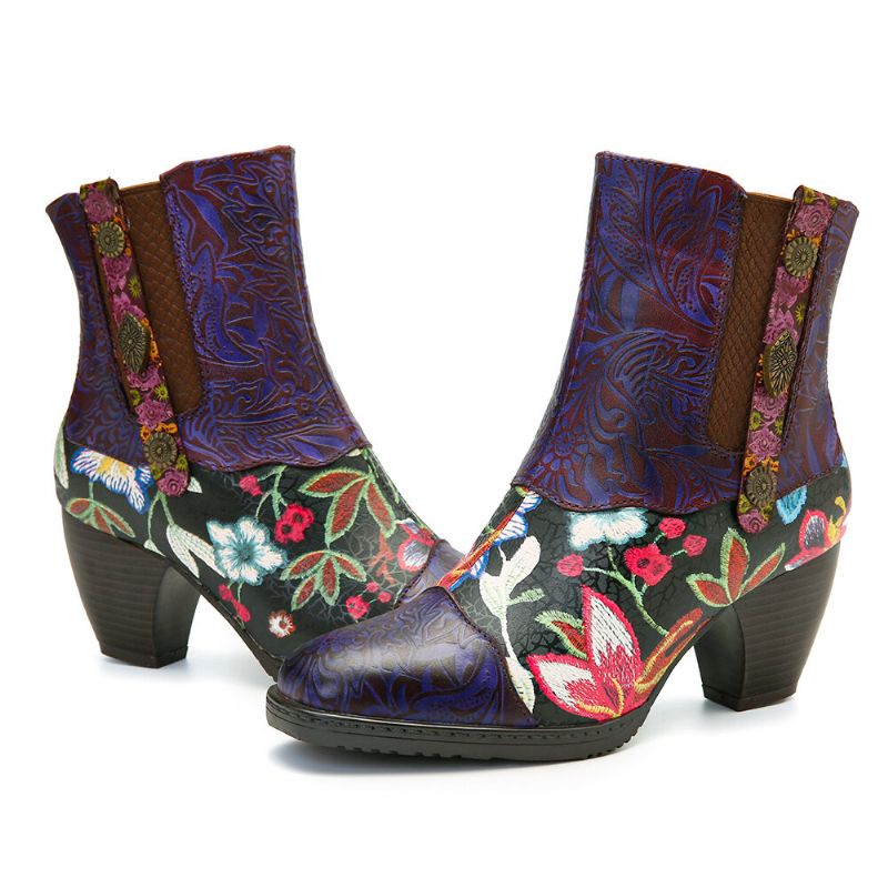 Warme Gefütterte Damen-chelsea-stiefel Mit Blumenmuster Runder Zehenpartie Und Reißverschluss