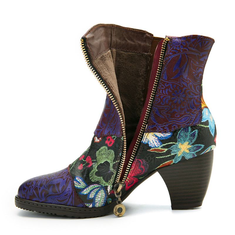 Warme Gefütterte Damen-chelsea-stiefel Mit Blumenmuster Runder Zehenpartie Und Reißverschluss