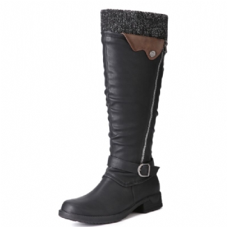 Warme Winterstiefel Aus Wolle Und Leder Für Damen Mit Bündchen Einfarbige Kniehohe Stiefel Mit Schnallengröße Und Reißverschluss