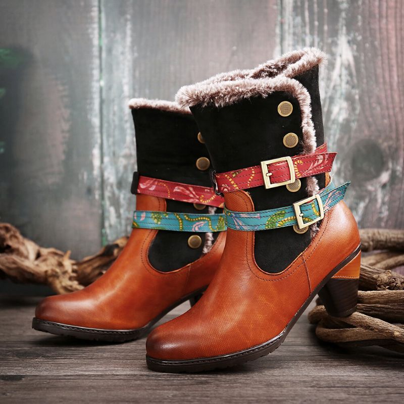 Warmer Kuscheliger Retro-pelz Bunte Schnallenriemen Stilvolle Winter-stiefeletten