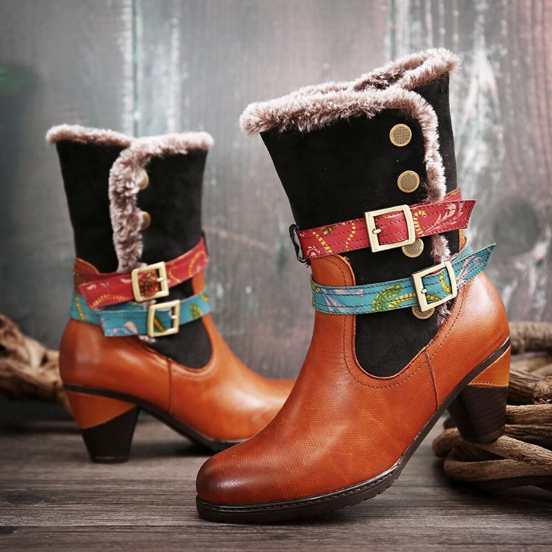 Warmer Kuscheliger Retro-pelz Bunte Schnallenriemen Stilvolle Winter-stiefeletten