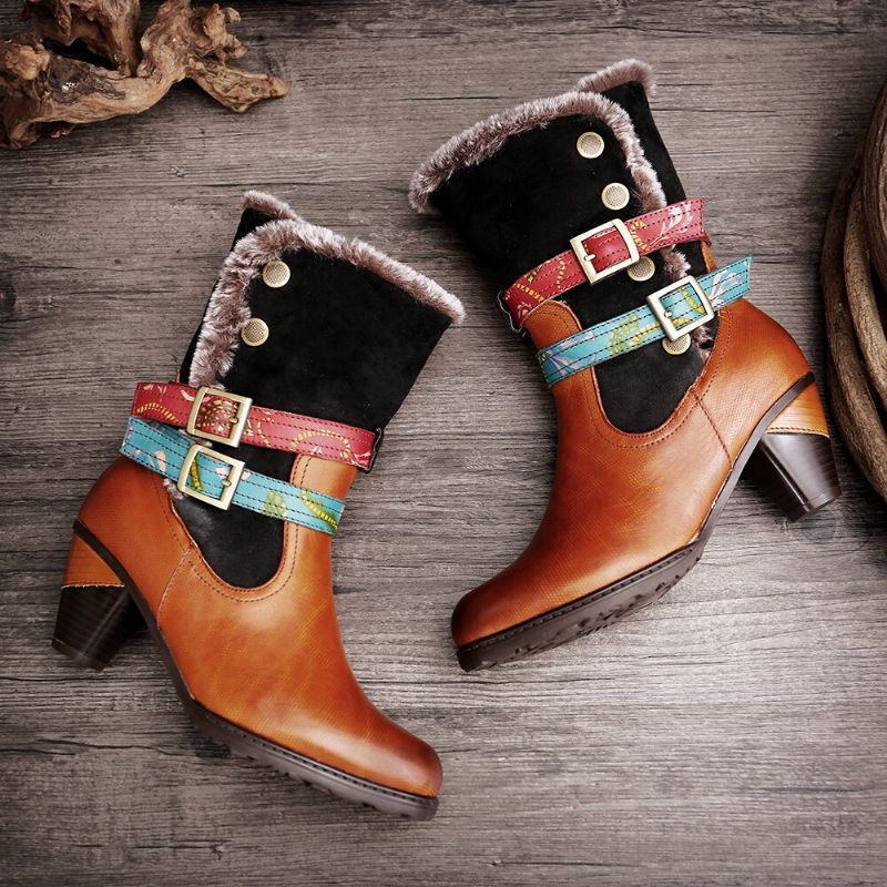 Warmer Kuscheliger Retro-pelz Bunte Schnallenriemen Stilvolle Winter-stiefeletten