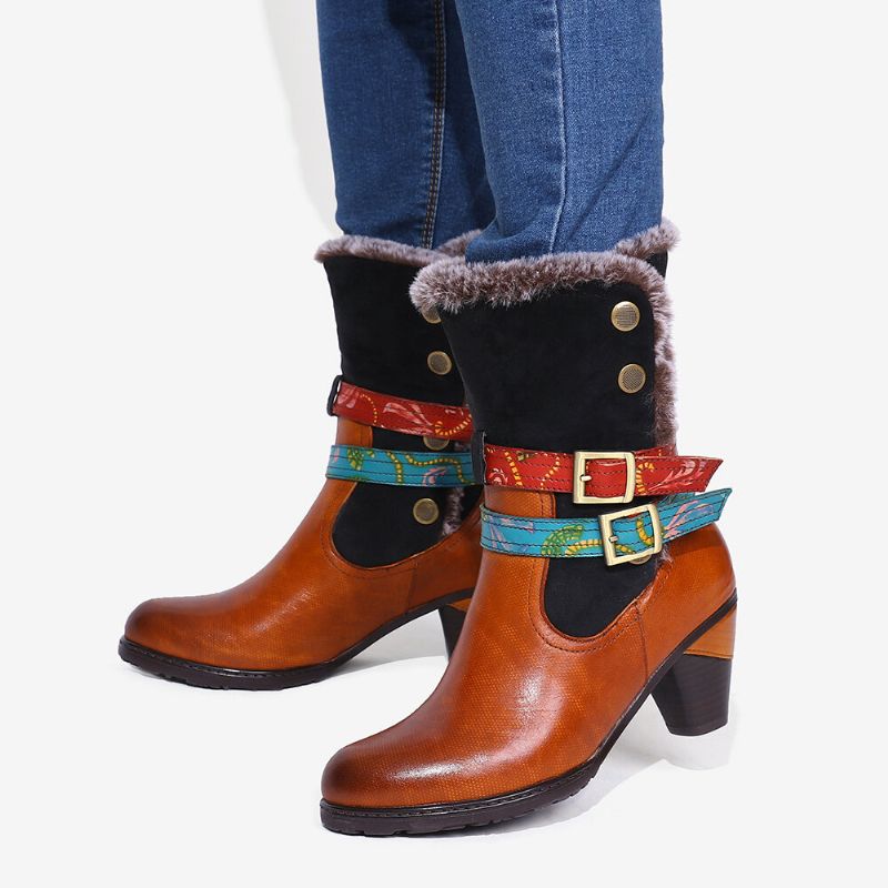 Warmer Kuscheliger Retro-pelz Bunte Schnallenriemen Stilvolle Winter-stiefeletten