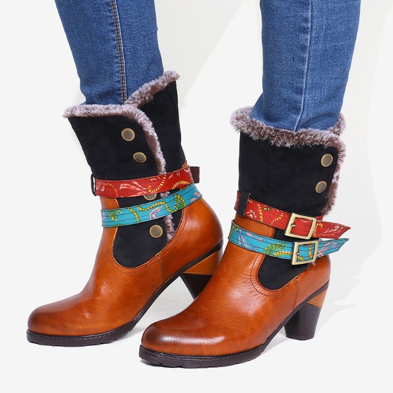 Warmer Kuscheliger Retro-pelz Bunte Schnallenriemen Stilvolle Winter-stiefeletten