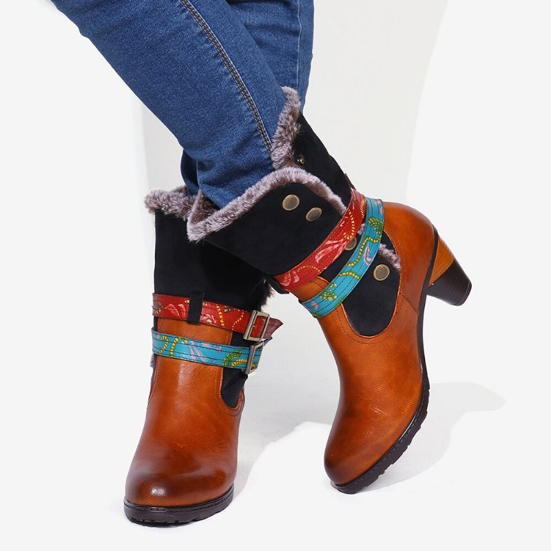 Warmer Kuscheliger Retro-pelz Bunte Schnallenriemen Stilvolle Winter-stiefeletten