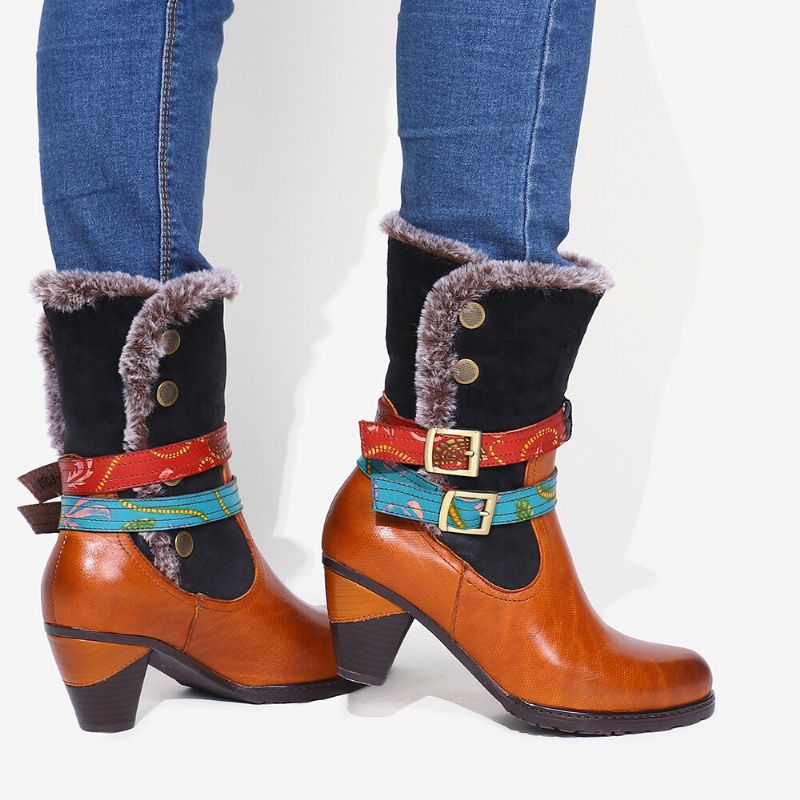 Warmer Kuscheliger Retro-pelz Bunte Schnallenriemen Stilvolle Winter-stiefeletten