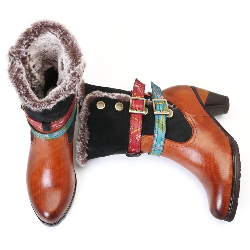 Warmer Kuscheliger Retro-pelz Bunte Schnallenriemen Stilvolle Winter-stiefeletten