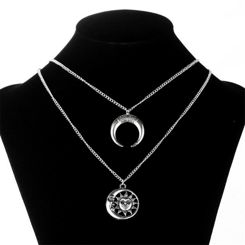 Vintage Sonne Mond Anhänger Halskette Charm Kette Multilayer Halskette Schmuck Für Frauen