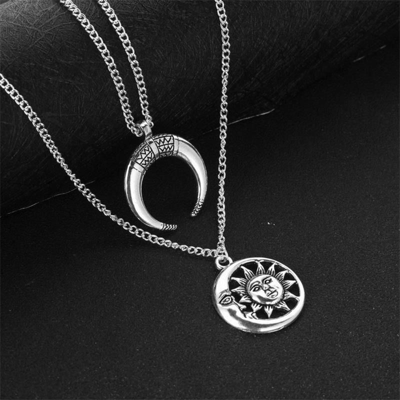 Vintage Sonne Mond Anhänger Halskette Charm Kette Multilayer Halskette Schmuck Für Frauen