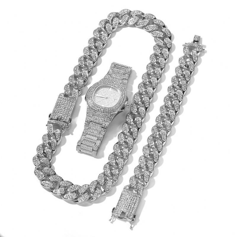 1/3 Stk Luxus Intarsien Strass Herrenuhr Set Hip Hop Kette Halskette Armband