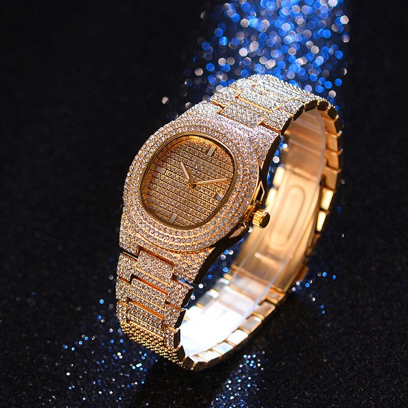 1/3 Stk Luxus Intarsien Strass Herrenuhr Set Hip Hop Kette Halskette Armband