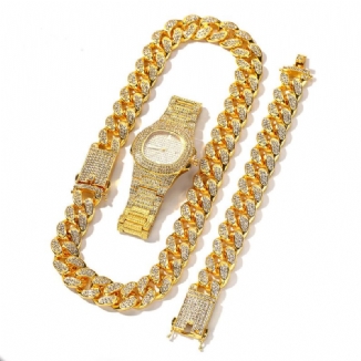 1/3 Stk Luxus Intarsien Strass Herrenuhr Set Hip Hop Kette Halskette Armband