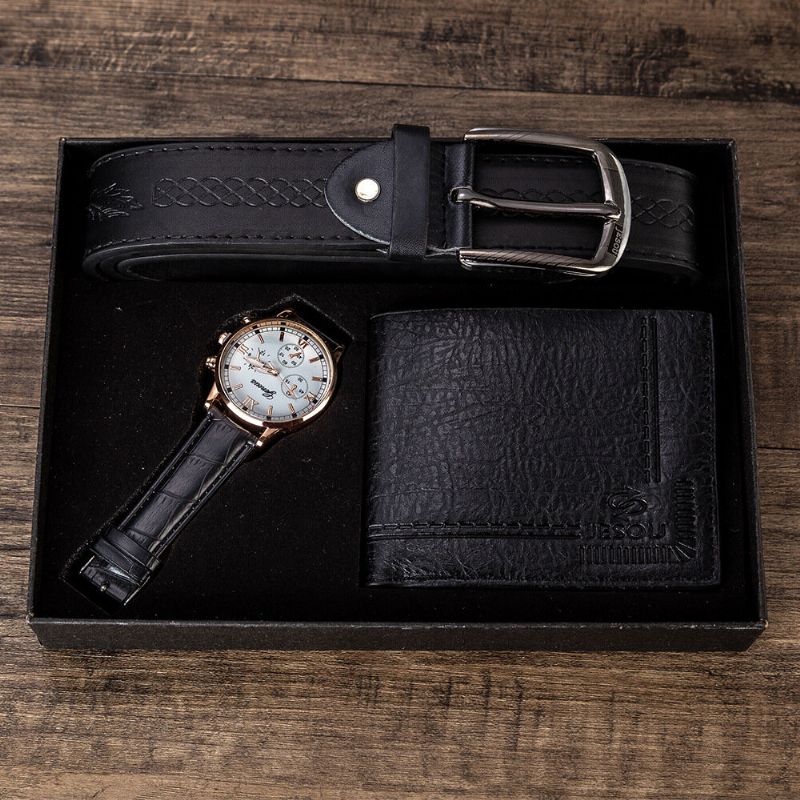 3-teiliges Geschenkset Für Männer Klassisches Business-lederarmband Männliche Quarzuhr Zusammenklappbarer Brieftaschengürtel