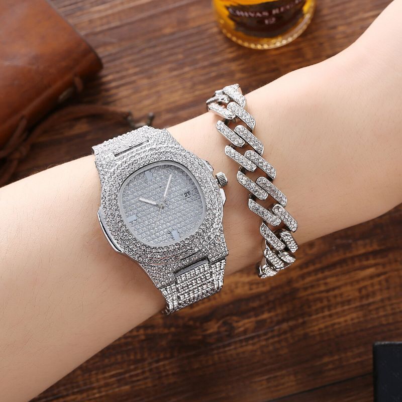 3-teiliges Herren-uhrenset Mit Eingelegten Diamanten Stahlband Quarzuhr Halskette Armband Schmuck Geschenkset