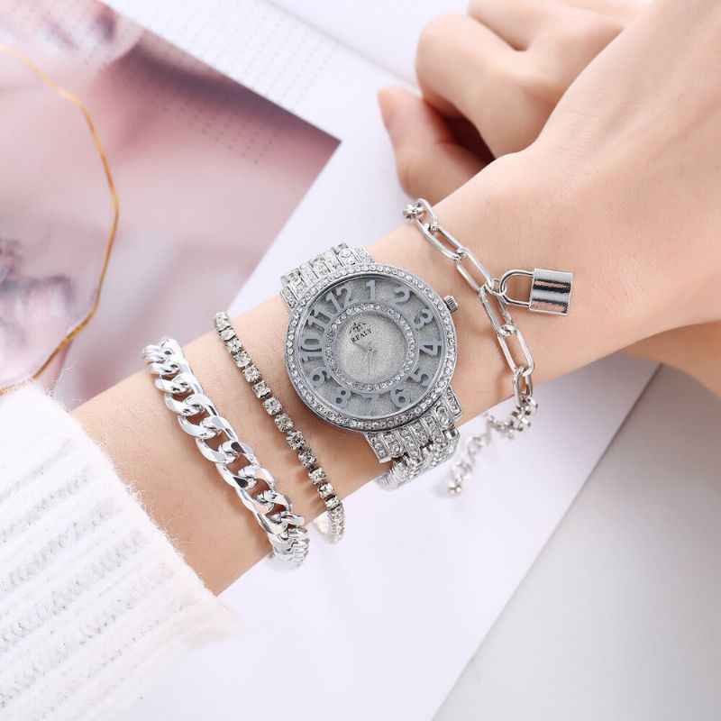 4 Pc-art-und Weiselegierungs-edelstahl-großes Vorwahlknopf-stahlband-dame-quarz-uhr-armband