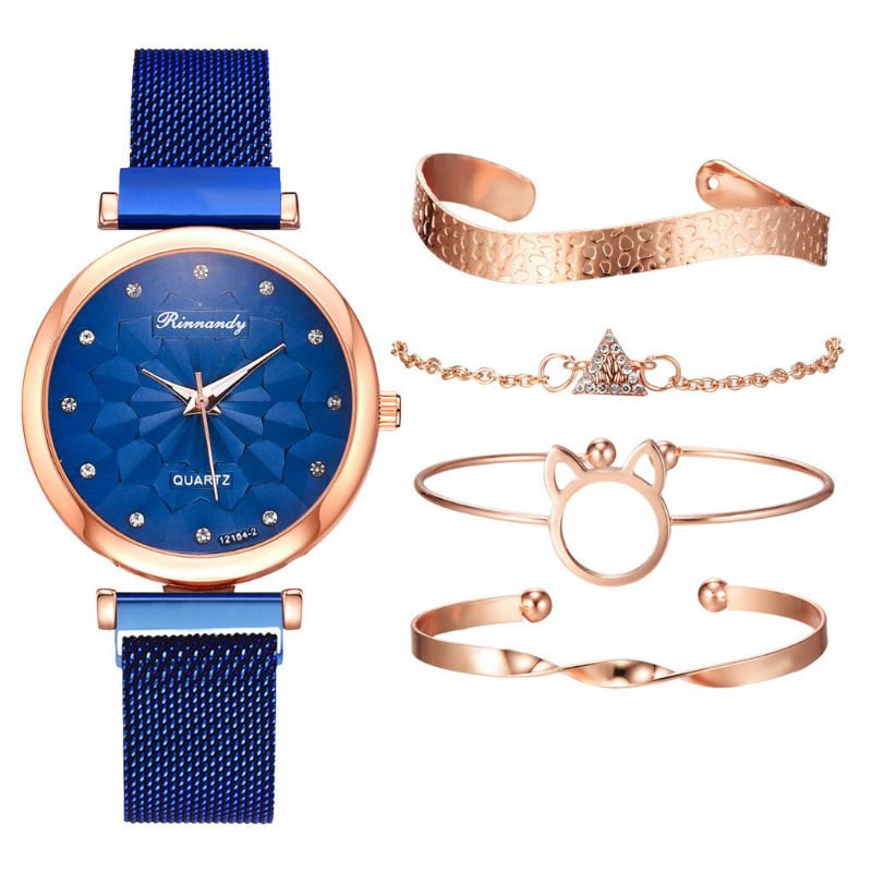 5 Pc-kombinations-frauen-armband-uhr-gesetzte Blumen-vorwahlknopf-maschen-stahlband-quarz-uhr