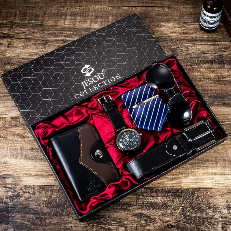 5 Stück / Set Business Gift Kit Chronograph Herren Quarzuhr Armbanduhr Gürtel Geldbörse Brille Krawatte