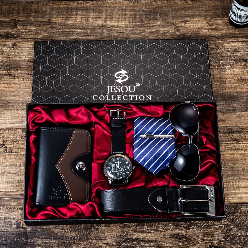 5 Stück / Set Business Gift Kit Chronograph Herren Quarzuhr Armbanduhr Gürtel Geldbörse Brille Krawatte