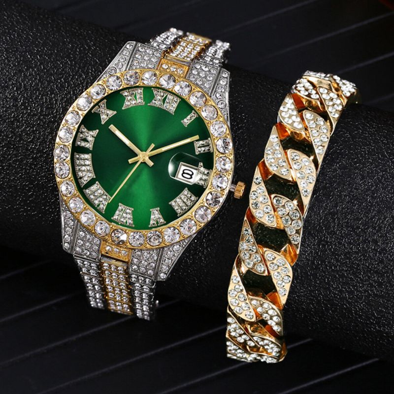 Arbeiten Sie 2 Pc/set Legierungs-diamant-geschäfts-uhr Verziertes Zeiger-quarz-uhr-armband Um