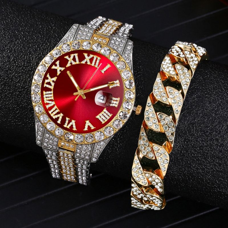 Arbeiten Sie 2 Pc/set Legierungs-diamant-geschäfts-uhr Verziertes Zeiger-quarz-uhr-armband Um