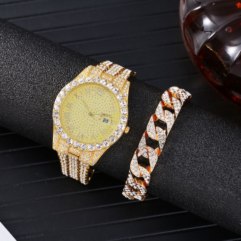 Arbeiten Sie 2 Pc/set Legierungs-diamant-geschäfts-uhr Verziertes Zeiger-quarz-uhr-armband Um