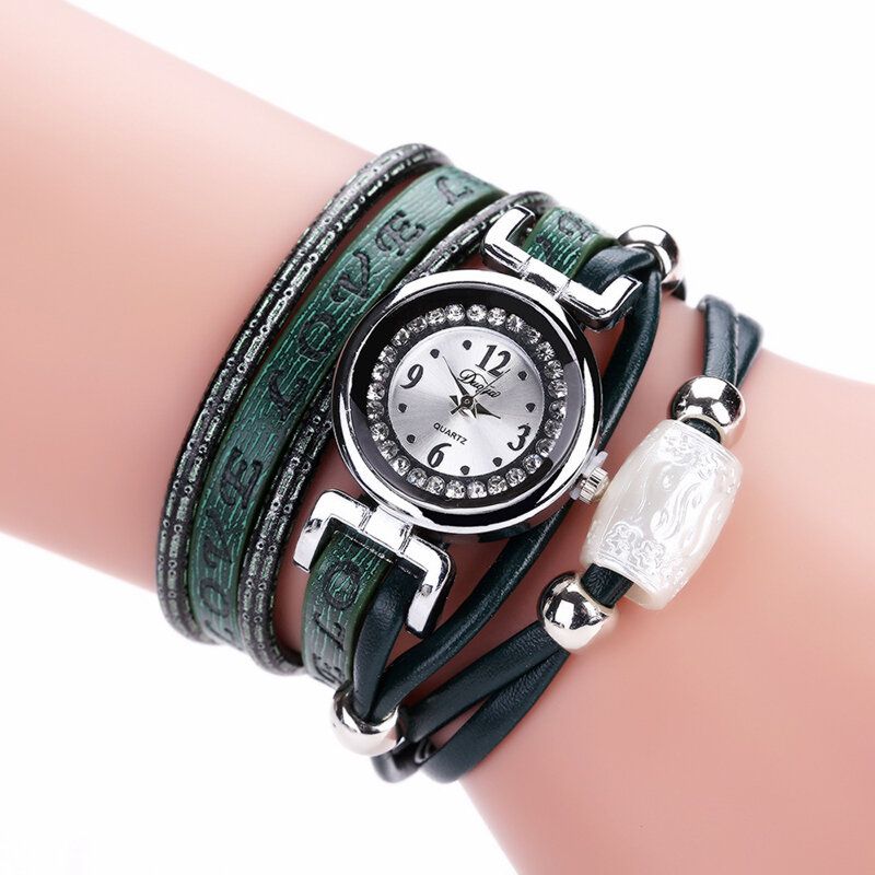 Arbeiten Sie Luxuxrhinestone-pu-leder-frauen-quarz-uhr-armband-uhr Um