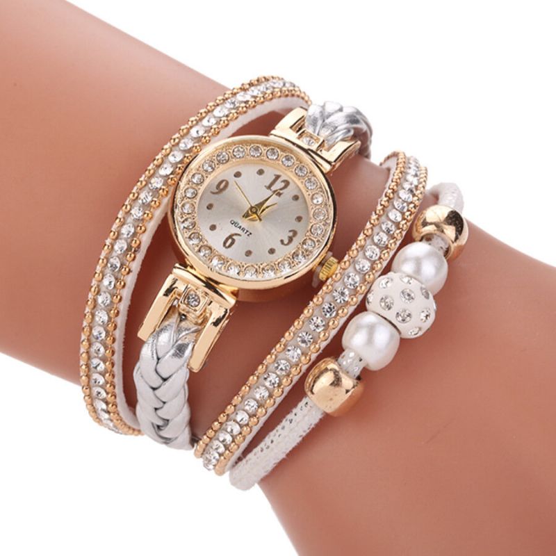 Art-und Weiseart-frauen-perlen-umsponnene Legierungs-frauen-armbanduhr Laides-kleid-quarz-uhr-armband