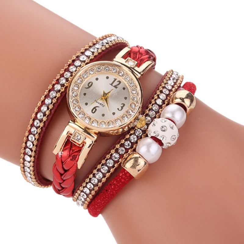 Art-und Weiseart-frauen-perlen-umsponnene Legierungs-frauen-armbanduhr Laides-kleid-quarz-uhr-armband