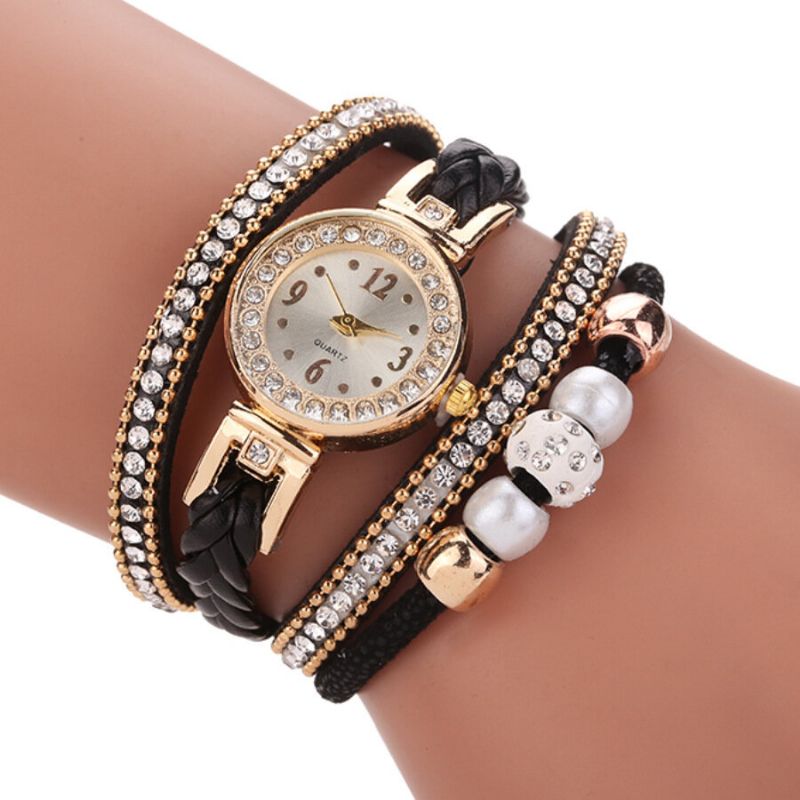 Art-und Weiseart-frauen-perlen-umsponnene Legierungs-frauen-armbanduhr Laides-kleid-quarz-uhr-armband