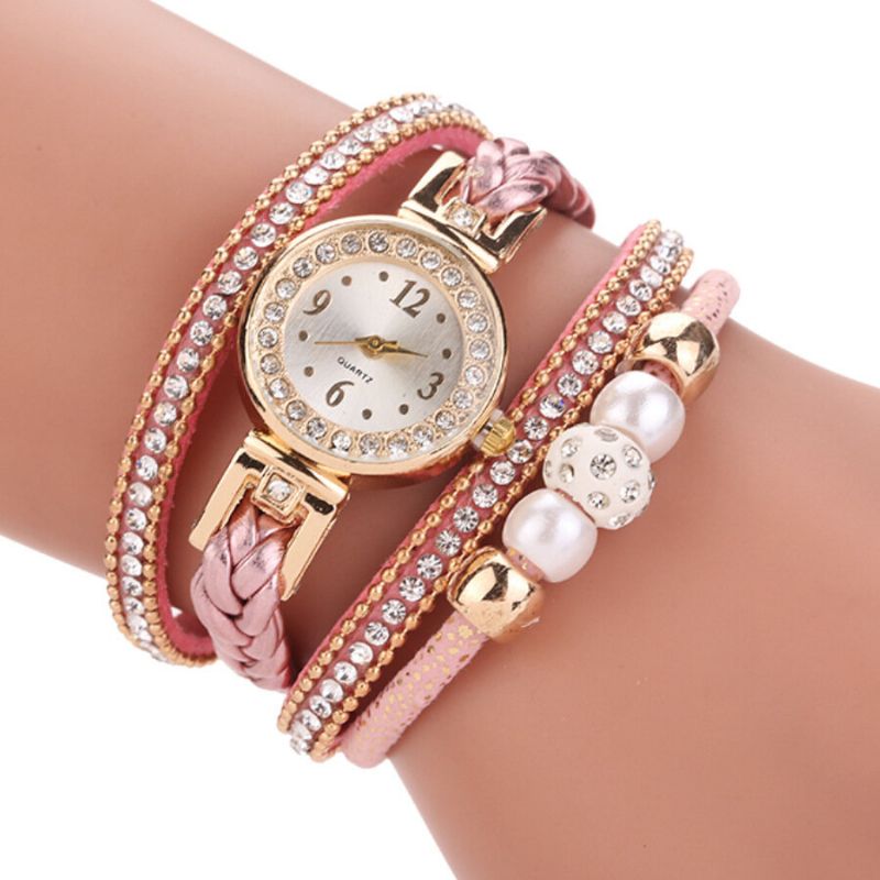 Art-und Weiseart-frauen-perlen-umsponnene Legierungs-frauen-armbanduhr Laides-kleid-quarz-uhr-armband