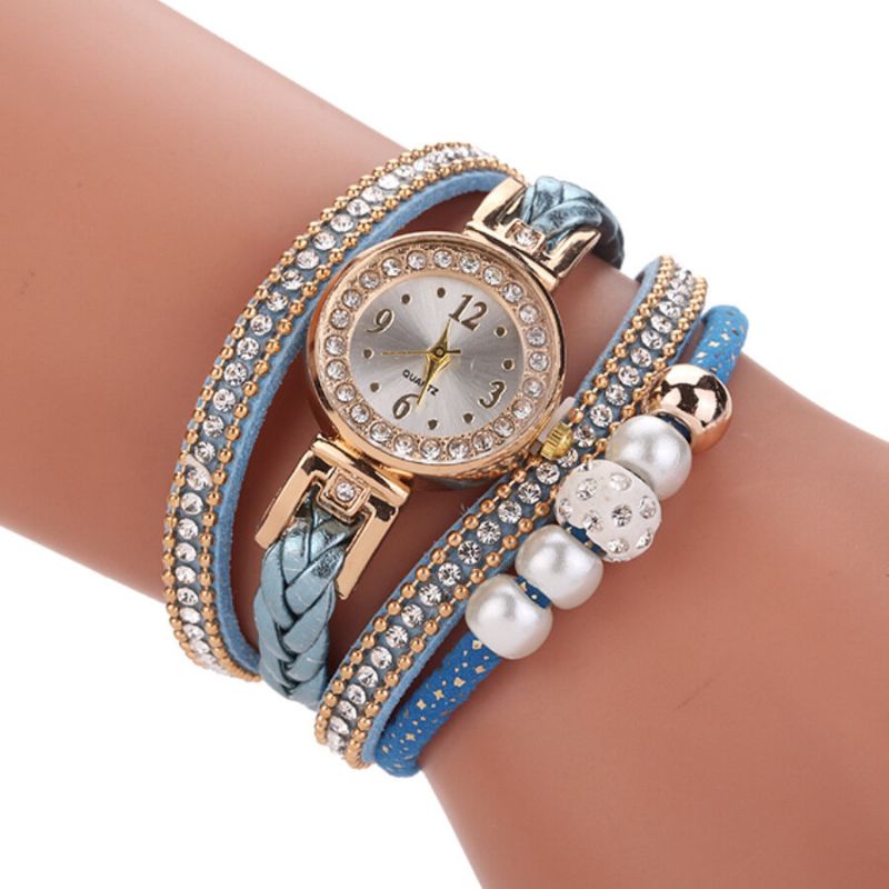 Art-und Weiseart-frauen-perlen-umsponnene Legierungs-frauen-armbanduhr Laides-kleid-quarz-uhr-armband