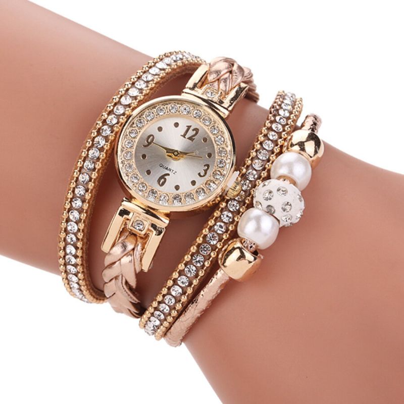 Art-und Weiseart-frauen-perlen-umsponnene Legierungs-frauen-armbanduhr Laides-kleid-quarz-uhr-armband