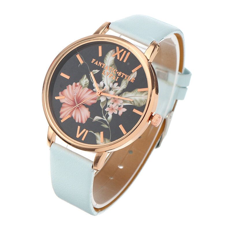 Art-und Weiseblumen-muster-pu-leder-bügel Womenwrist-uhr-damen-kleid-quarz-uhr