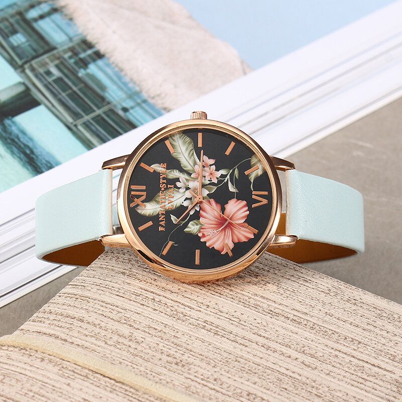 Art-und Weiseblumen-muster-pu-leder-bügel Womenwrist-uhr-damen-kleid-quarz-uhr