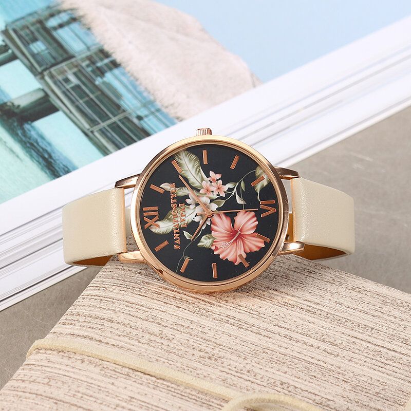 Art-und Weiseblumen-muster-pu-leder-bügel Womenwrist-uhr-damen-kleid-quarz-uhr