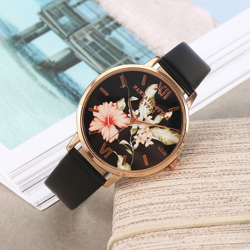 Art-und Weiseblumen-muster-pu-leder-bügel Womenwrist-uhr-damen-kleid-quarz-uhr