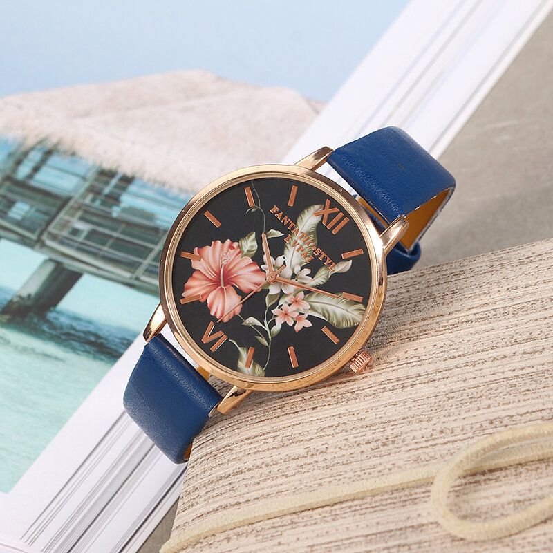 Art-und Weiseblumen-muster-pu-leder-bügel Womenwrist-uhr-damen-kleid-quarz-uhr