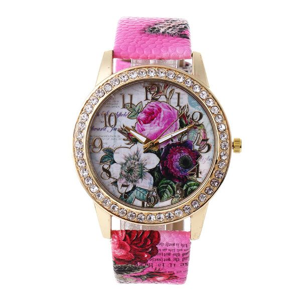 Art-und Weiseböhmen-art-frauen-uhr-lederband-retro-rosen-muster-quarz-uhr