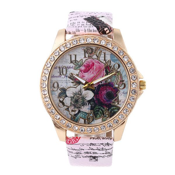 Art-und Weiseböhmen-art-frauen-uhr-lederband-retro-rosen-muster-quarz-uhr