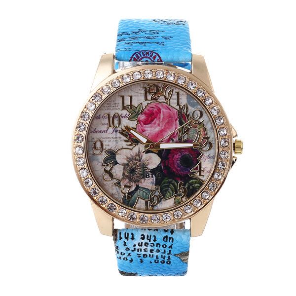 Art-und Weiseböhmen-art-frauen-uhr-lederband-retro-rosen-muster-quarz-uhr