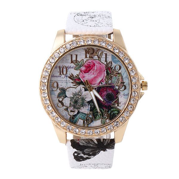 Art-und Weiseböhmen-art-frauen-uhr-lederband-retro-rosen-muster-quarz-uhr