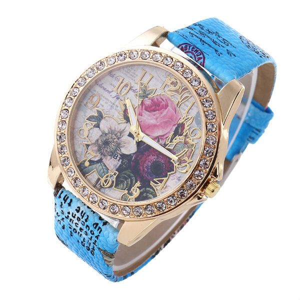 Art-und Weiseböhmen-art-frauen-uhr-lederband-retro-rosen-muster-quarz-uhr