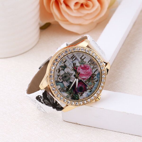 Art-und Weiseböhmen-art-frauen-uhr-lederband-retro-rosen-muster-quarz-uhr