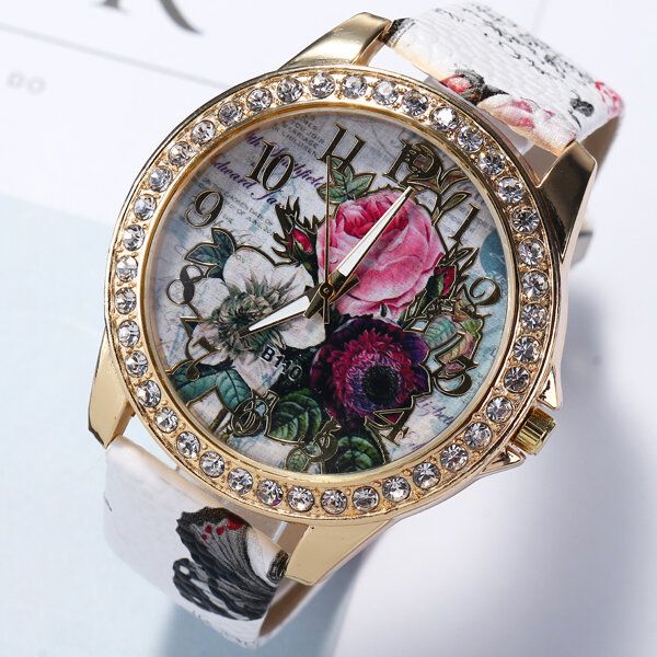 Art-und Weiseböhmen-art-frauen-uhr-lederband-retro-rosen-muster-quarz-uhr