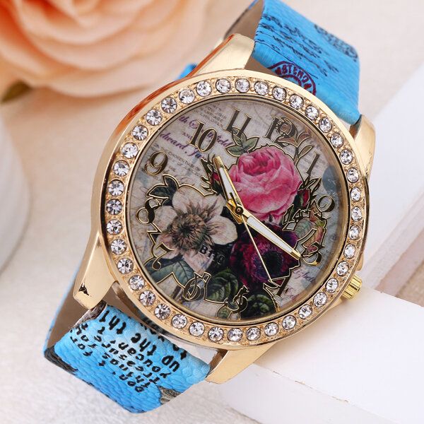 Art-und Weiseböhmen-art-frauen-uhr-lederband-retro-rosen-muster-quarz-uhr