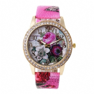 Art-und Weiseböhmen-art-frauen-uhr-lederband-retro-rosen-muster-quarz-uhr